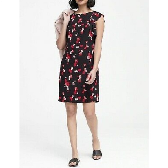 𝅺banana Republic Black Floral Flutter Sleeve Shift Dress Size 2 - Picture 1 of 9